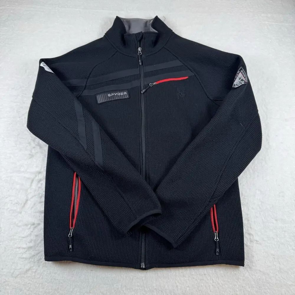 Spyder Ski Jacket Mens Size M Black Full Zip Fleece Lined Racing Team Patch